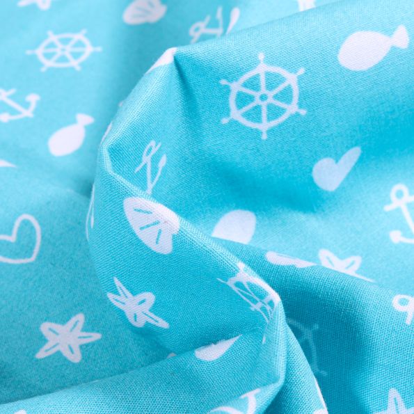 Tissu Coton imprimé Motifs marins et coeurs sur fond Bleu turquoise - Par 10 cm