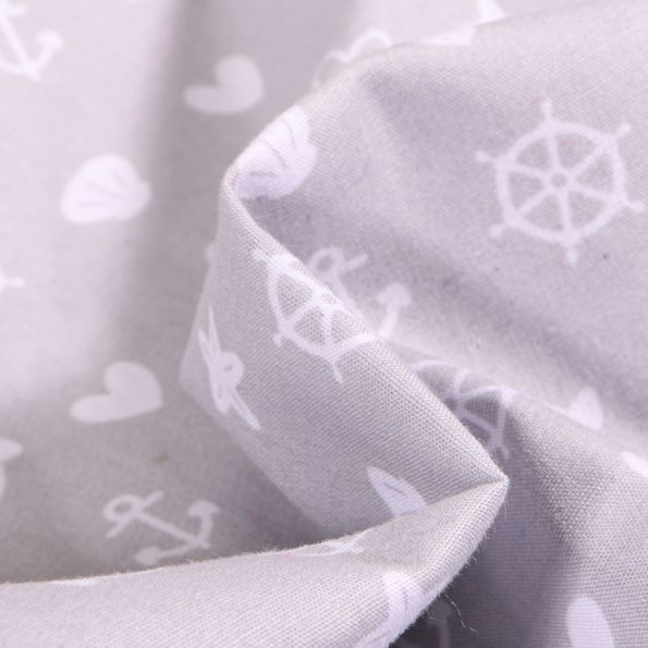 Tissu Coton imprimé Motifs marins et coeurs sur fond Gris clair - Par 10 cm