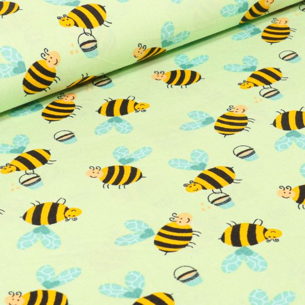 Tissu Coton imprimé LittleBird Abeilles sur fond Vert anis - Par 10 cm