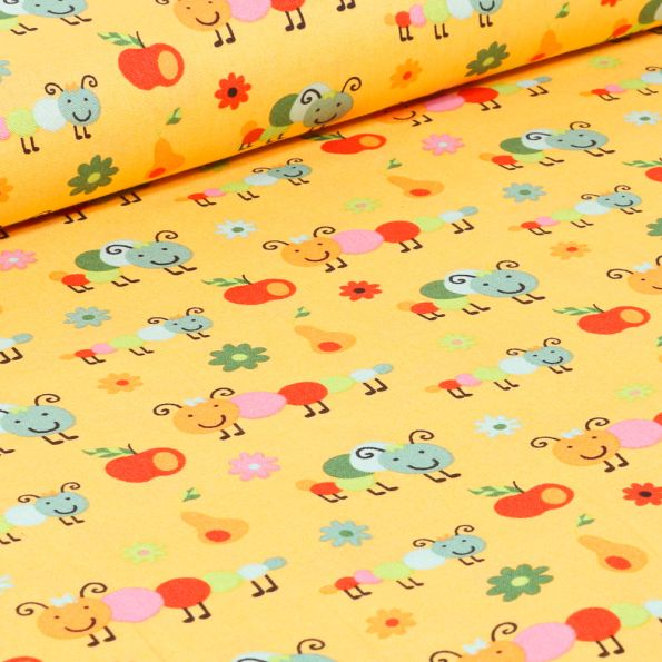 Tissu Coton imprimé LittleBird Chenilles et fruits sur fond Jaune - Par 10 cm