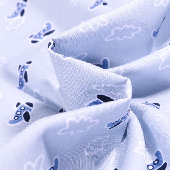 Tissu Coton imprimé LittleBird Avions et nuages sur fond Bleu ciel - Par 10 cm
