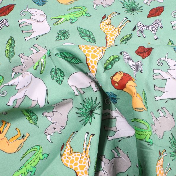 Tissu Coton imprimé LittleBird Animaux de la jungle sur fond Vert - Par 10 cm