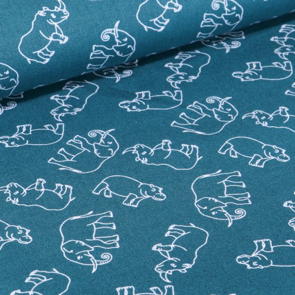 Tissu Coton imprimé Elephants sur fond Bleu pétrole - Par 10 cm