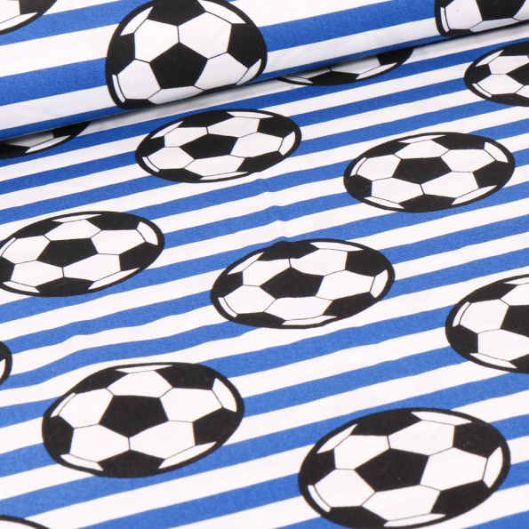 Tissu Coton imprimé Ballons de foot et rayures bleues sur fond Blanc - Par 10 cm