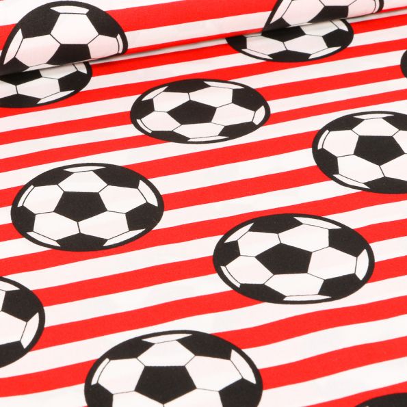 Tissu Coton imprimé Ballons de foot et rayures rouge sur fond Blanc - Par 10 cm