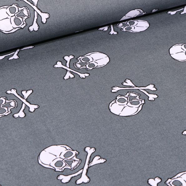 Tissu Coton imprimé Têtes de morts sur fond Gris - Par 10 cm