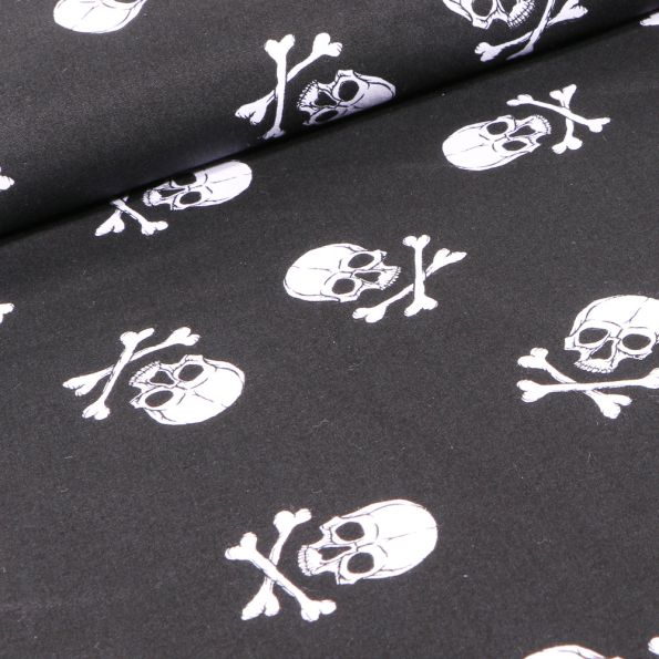 Tissu Coton imprimé Têtes de morts sur fond Noir - Par 10 cm
