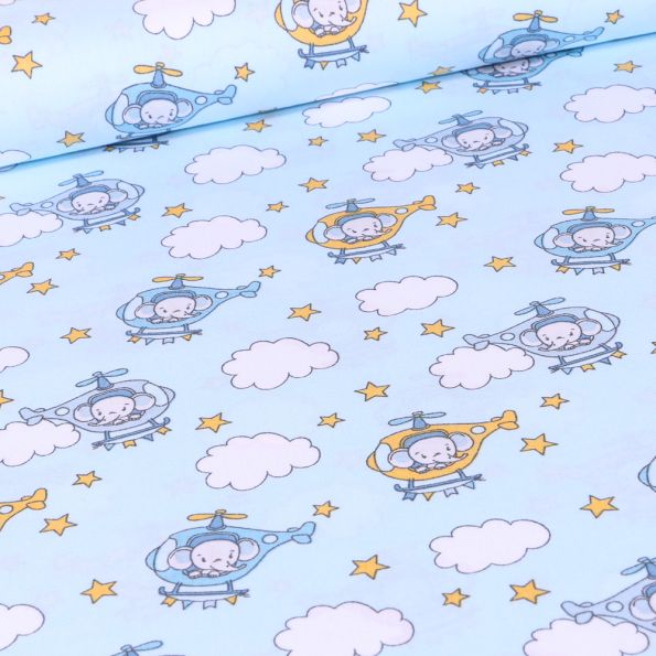 Tissu Coton imprimé LittleBird Baby éléphant hélicoptère sur fond Bleu ciel - Par 10 cm