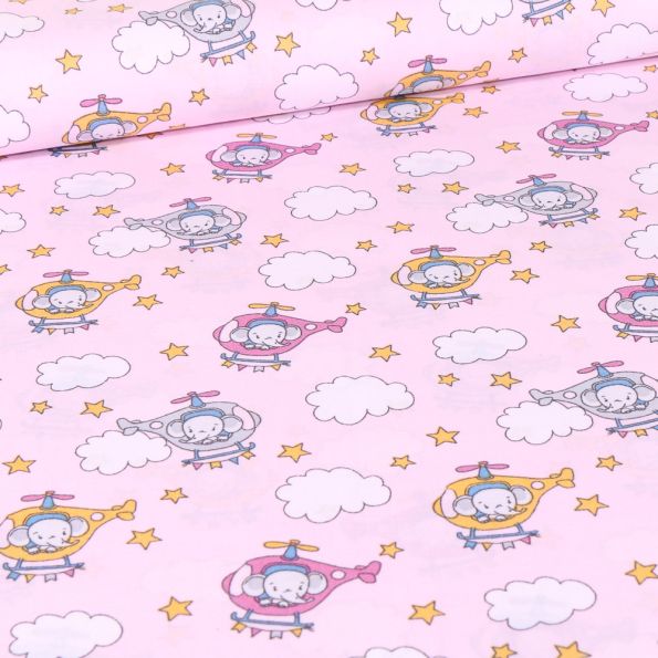 Tissu Coton imprimé LittleBird Baby éléphant hélicoptère sur fond Rose bonbon - Par 10 cm