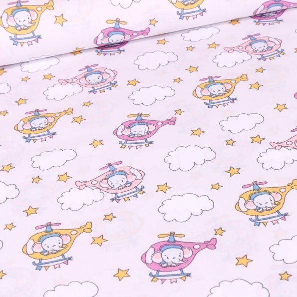 Tissu Coton imprimé LittleBird Baby éléphant hélicoptère sur fond Gris clair - Par 10 cm