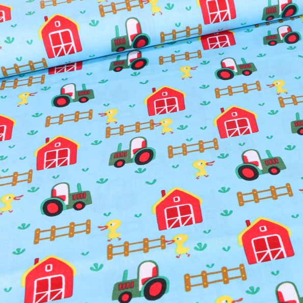 Tissu Coton imprimé LittleBird Ferme et tracteur sur fond Bleu - Par 10 cm