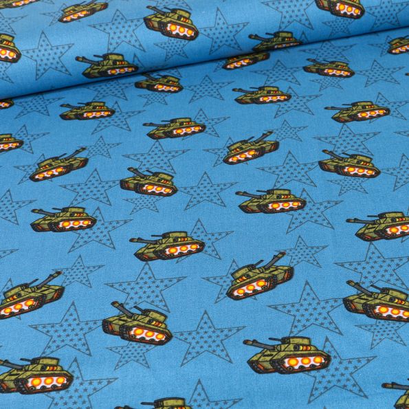 Tissu Coton imprimé Tank militaire sur fond Bleu - Par 10 cm
