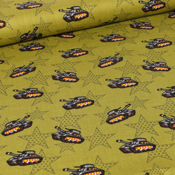 Tissu Coton imprimé Tank militaire sur fond Vert - Par 10 cm