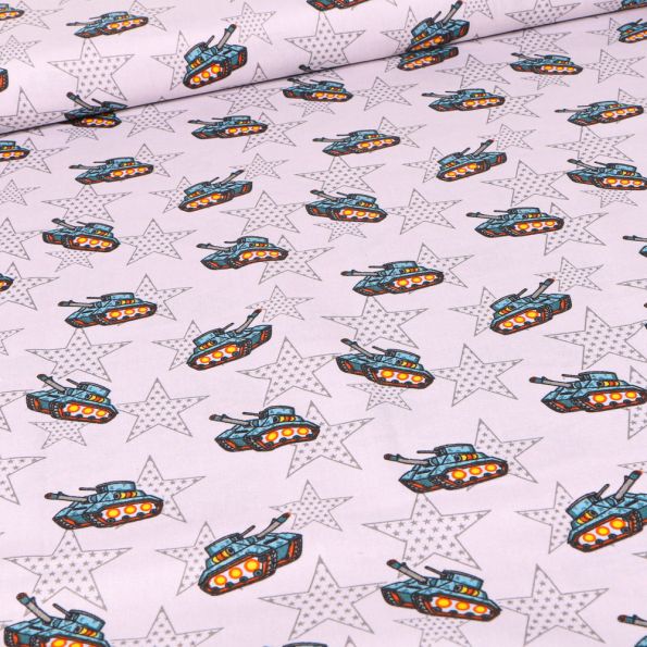 Tissu Coton imprimé Tank militaire sur fond Gris clair - Par 10 cm