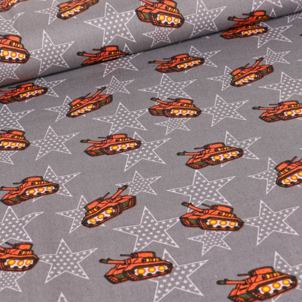 Tissu Coton imprimé Tank militaire sur fond Gris foncé - Par 10 cm