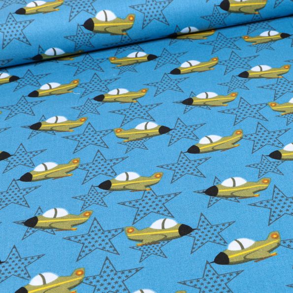 Tissu Coton imprimé Avions militaires et étoiles sur fond Bleu - Par 10 cm