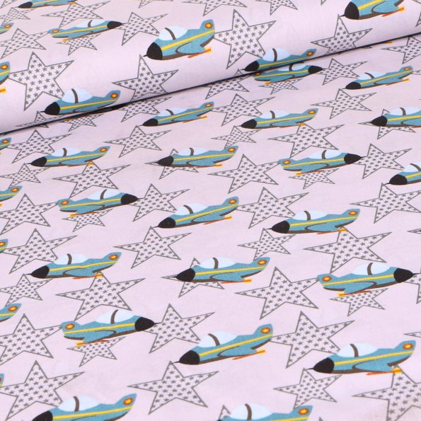 Tissu Coton imprimé Avions militaires et étoiles sur fond Gris clair - Par 10 cm