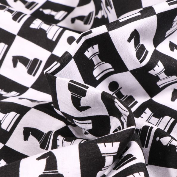 Tissu Coton imprimé Jeux d'échec LE JEU DE LA DAME sur fond Noir - Par 10 cm