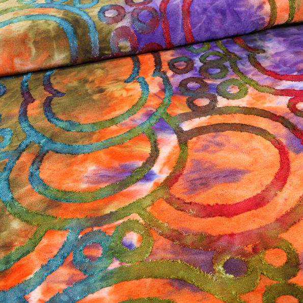 Tissu Jersey Batik abstrait Cercles texturés sur fond Orange - Par 10 cm