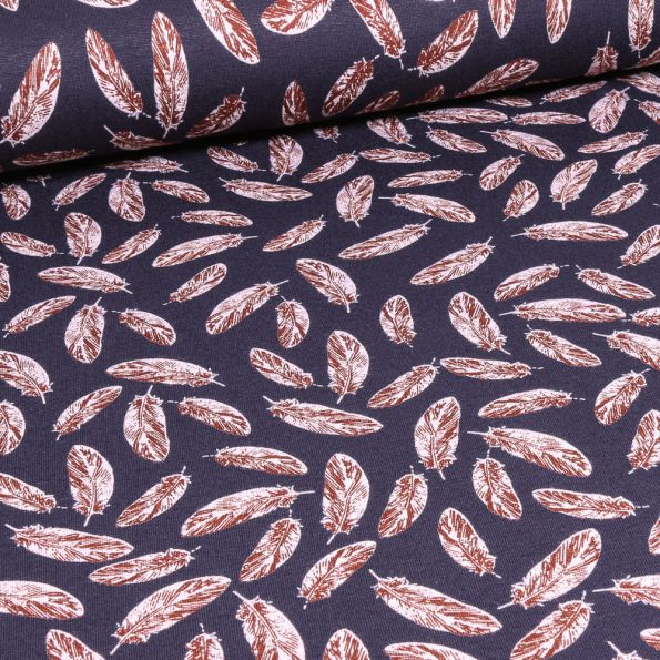 Tissu Jersey Viscose Plumes sur fond Bleu marine - Par 10 cm