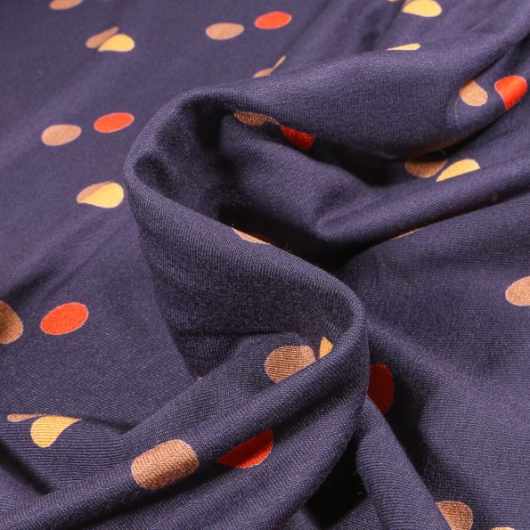 Tissu Jersey Viscose Pois 1.5 cm colorés sur fond Bleu marine - Par 10 cm