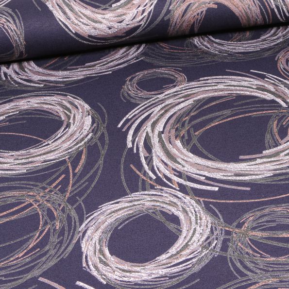 Tissu Jersey Viscose Tourbillons sur fond Bleu marine - Par 10 cm