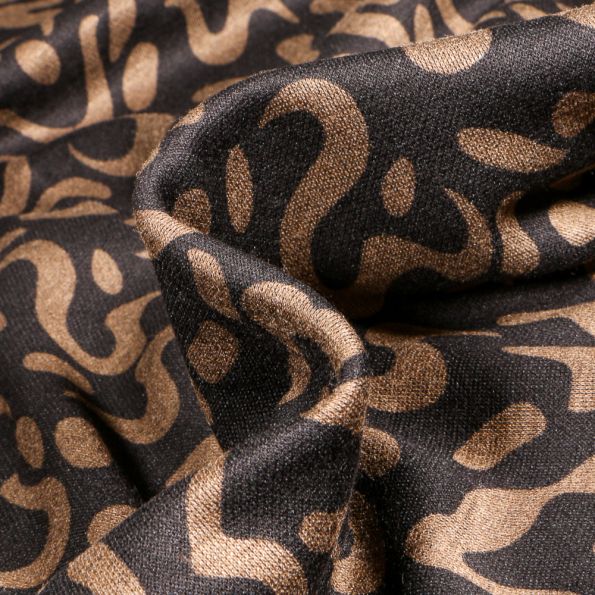 Tissu Maille polyviscose Anna Motifs abstraits marron sur fond Noir - Par 10 cm