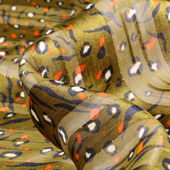 Tissu Satin Taches léopard et rayures transparentes sur fond Vert kaki - Par 10 cm
