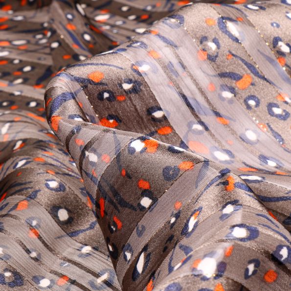 Tissu Satin Taches léopard et rayures transparentes sur fond Marron - Par 10 cm