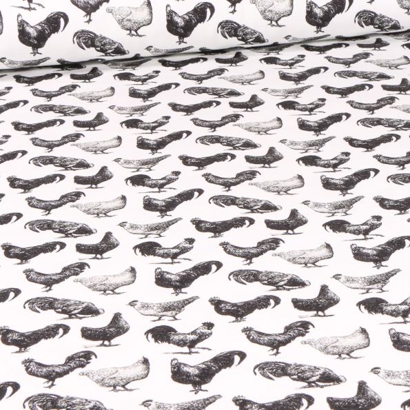 Tissu Jersey Coton Coqs sur fond Blanc - Par 10 cm