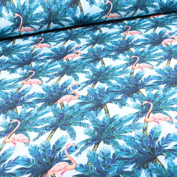 Tissu - Flamants roses couronnés blanc