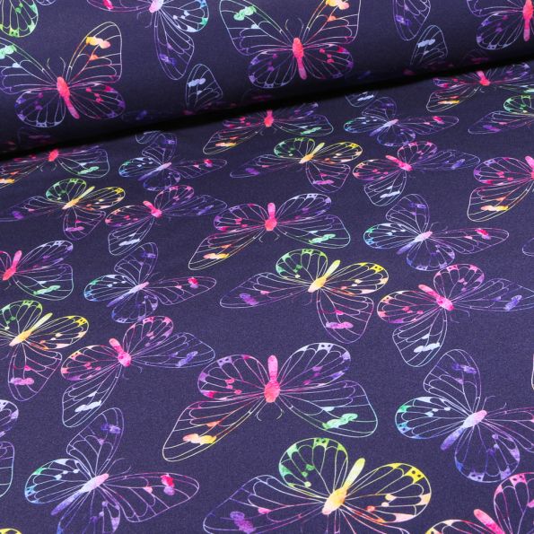 Tissu Softshell Papillons multicolores sur fond Violine - Par 10 cm