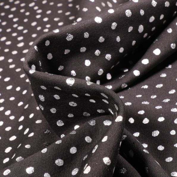 Tissu Jersey Coton Pois métallisés 5 mm sur fond Noir - Par 10 cm