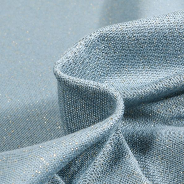 Tissu Bord côte pailleté Or sur fond Bleu clair - Par 10 cm