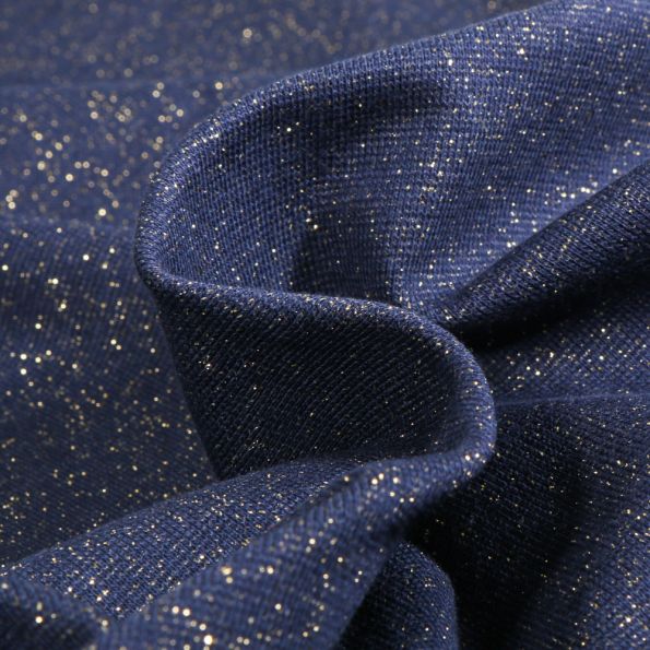 Tissu Bord côte pailleté Or sur fond Bleu foncé - Par 10 cm