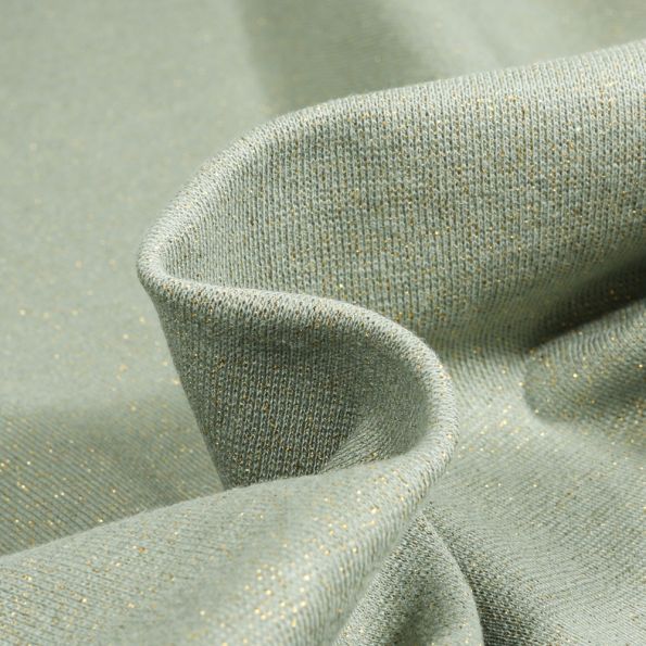 Tissu Bord côte pailleté Or sur fond Vert amande - Par 10 cm