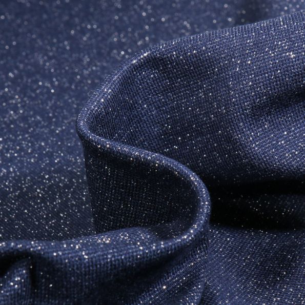 Tissu Bord côte pailleté Argent sur fond Bleu nuit - Par 10 cm