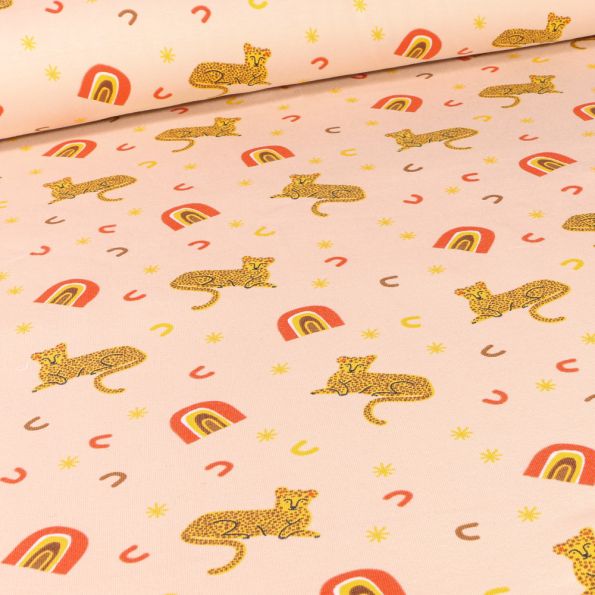 Tissu Jersey Coton Tigre et arc en ciel sur fond Beige - Par 10 cm