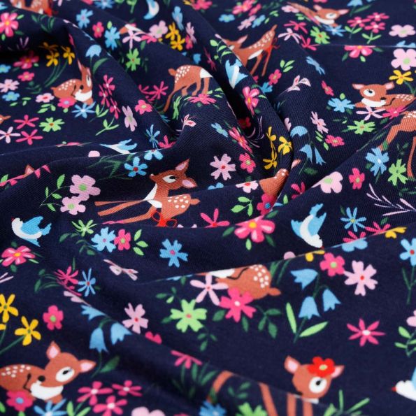 Tissu Jersey Coton Faons prairies fleuris sur fond Bleu marine - Par 10 cm