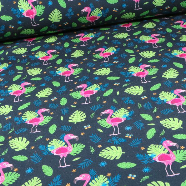 Tissu Softshell Flamants rose et feuilles sur fond Bleu marine - Par 10 cm