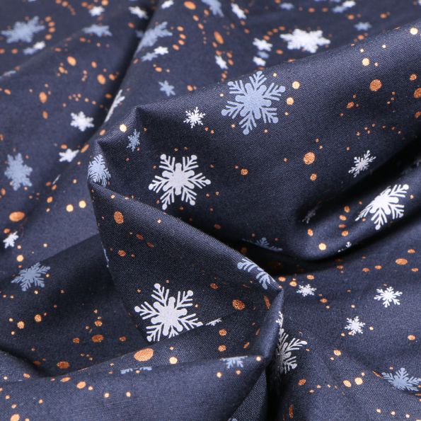 Tissu Coton imprimé Flocons de neige colorés sur fond Bleu marine - Par 10 cm