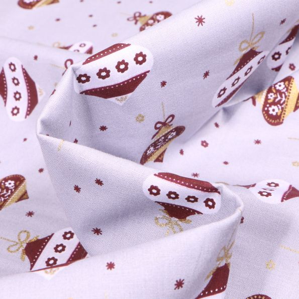 Tissu Coton imprimé Boules de décoration noël sur fond Gris clair - Par 10 cm