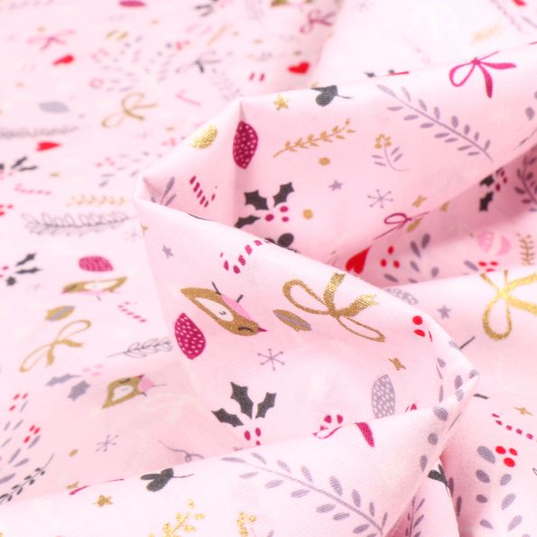 Tissu Coton imprimé Oiseaux et nœuds dorés sur fond Rose - Par 10 cm