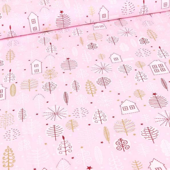Tissu Coton imprimé Maison et feuilles dorées sur fond Rose - Par 10 cm