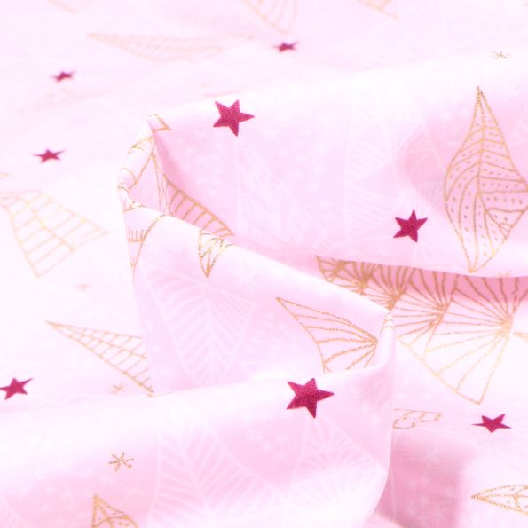 Tissu Coton imprimé Sapins stylisé dorés sur fond Rose - Par 10 cm