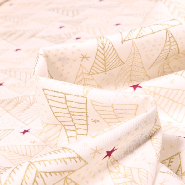 Tissu Coton imprimé Sapins stylisé dorés sur fond Blanc cassé - Par 10 cm