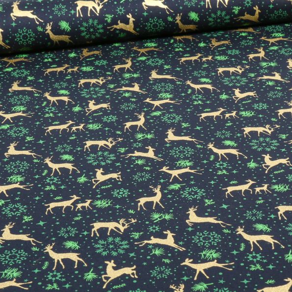 Tissu Coton imprimé Cerfs & biches dorés sur fond Bleu marine - Par 10 cm