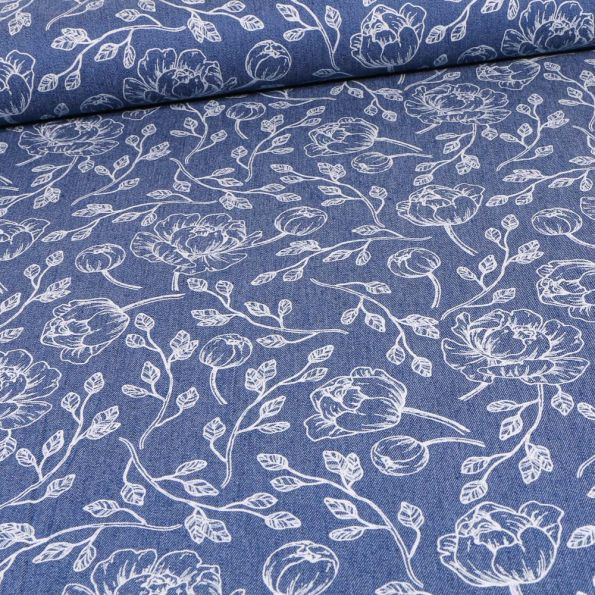 Tissu Jean Denim extensible Pivoines sur fond Bleu denim - Par 10 cm