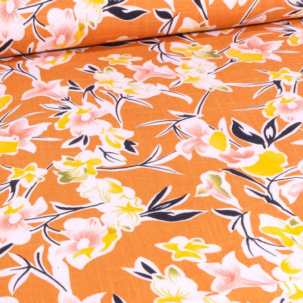 Tissu Viscose Juana sur fond Orange - Par 10 cm