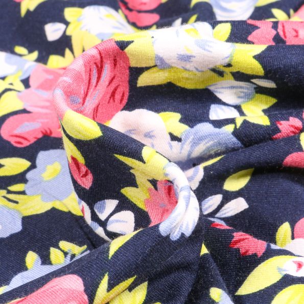 Tissu Jersey Viscose Rosye sur fond Bleu marine - Par 10 cm